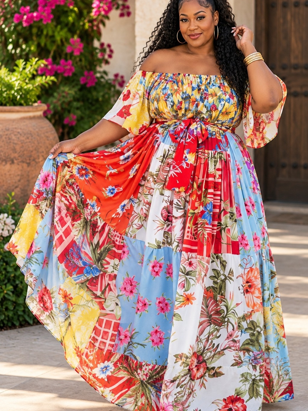 Grass-Fields African Print Patchwork Off Shoulder Maxi Dress Multicolor - 22
